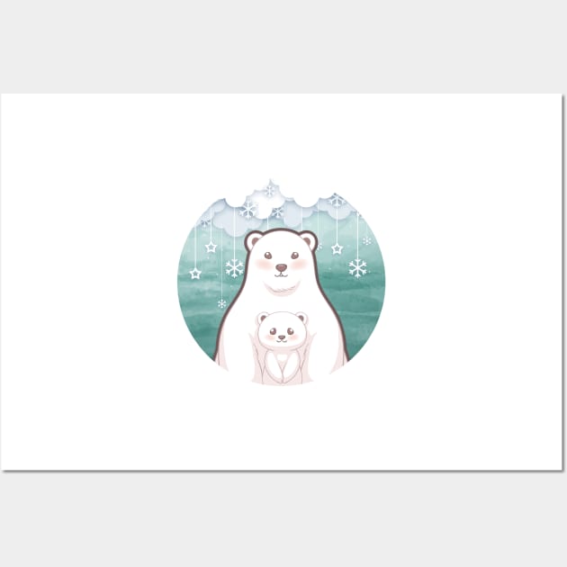 Cute cub polar bear and mum character design with snowflake background. Vector illustration Wall Art by tomodaging